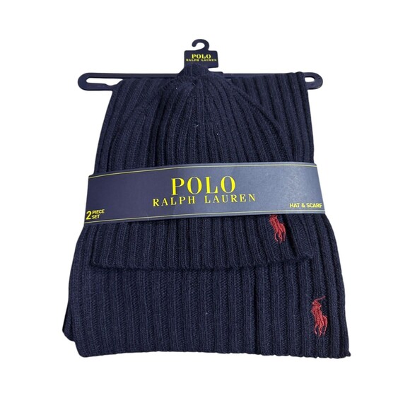 Polo Ralph Lauren Lambs Wool Blend Scarf & Beanie Hat Set - Navy Blue w Red Pony - Picture 1 of 5